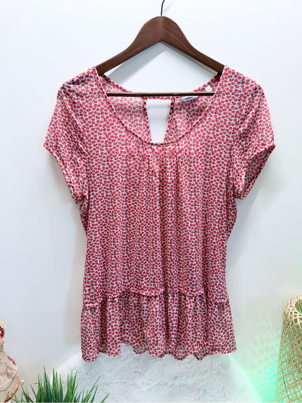 Crazy About Cherries 🍒 Red Short-Sleeve Summer Ready Peplum Dressy Blouse Top